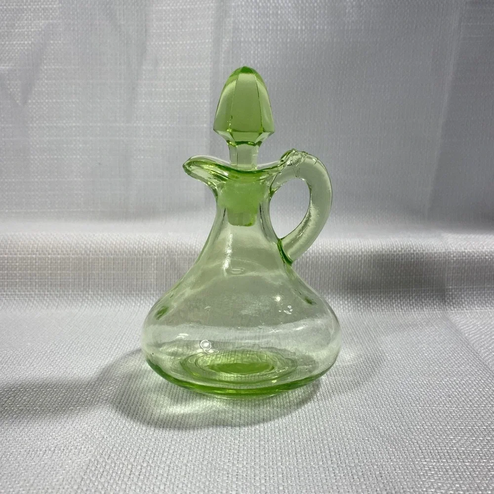 Vintage Uranium Glass Cruet with Stopper Green Vaseline Glass Pitcher UV Glow‎